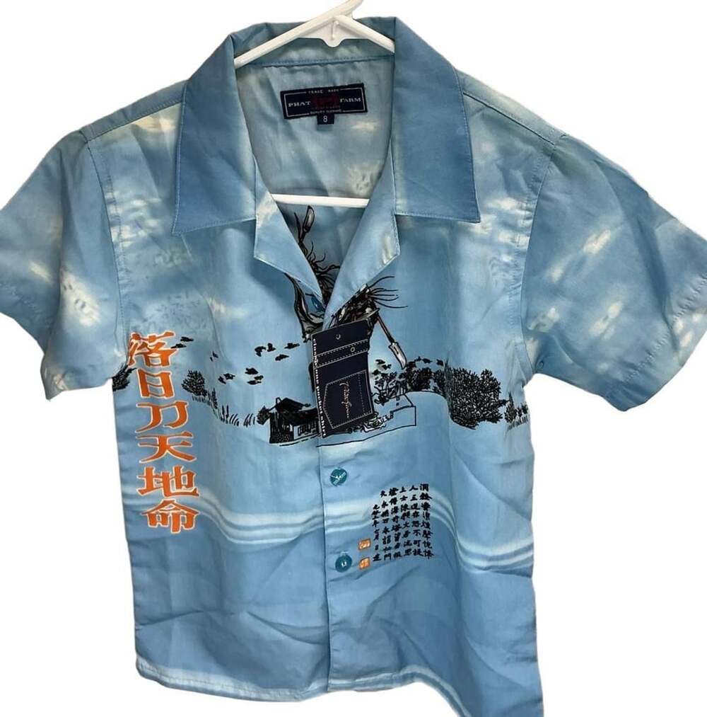 Phat Farm Samurai Graphic Shirt Size 8 Blue Vintage